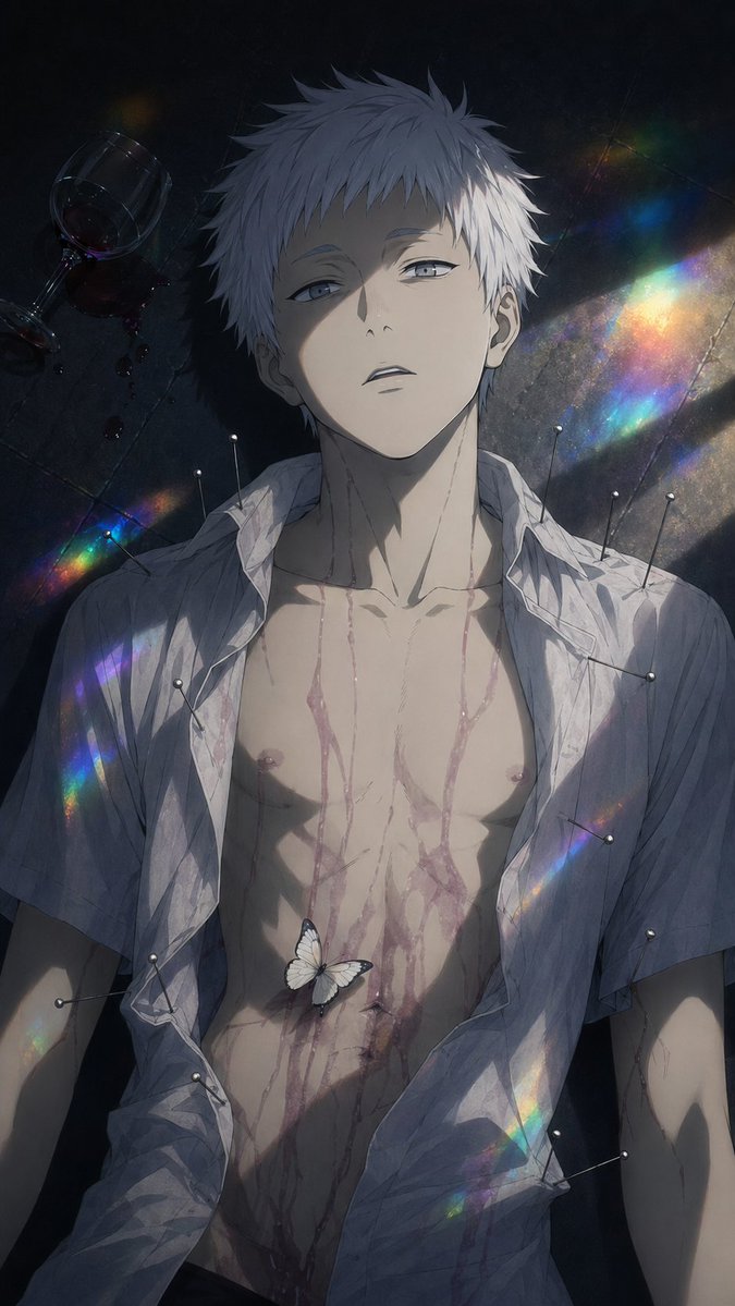 Order an AI Prompt: Dark Anime Boy with Pins and Prism Light - romantic illustration poster art