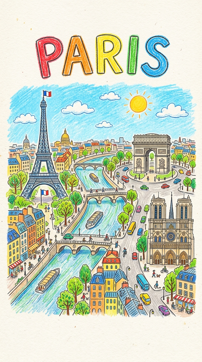 Paris Crayon Drawing: Icons & Words in Colorful Kids Art Style