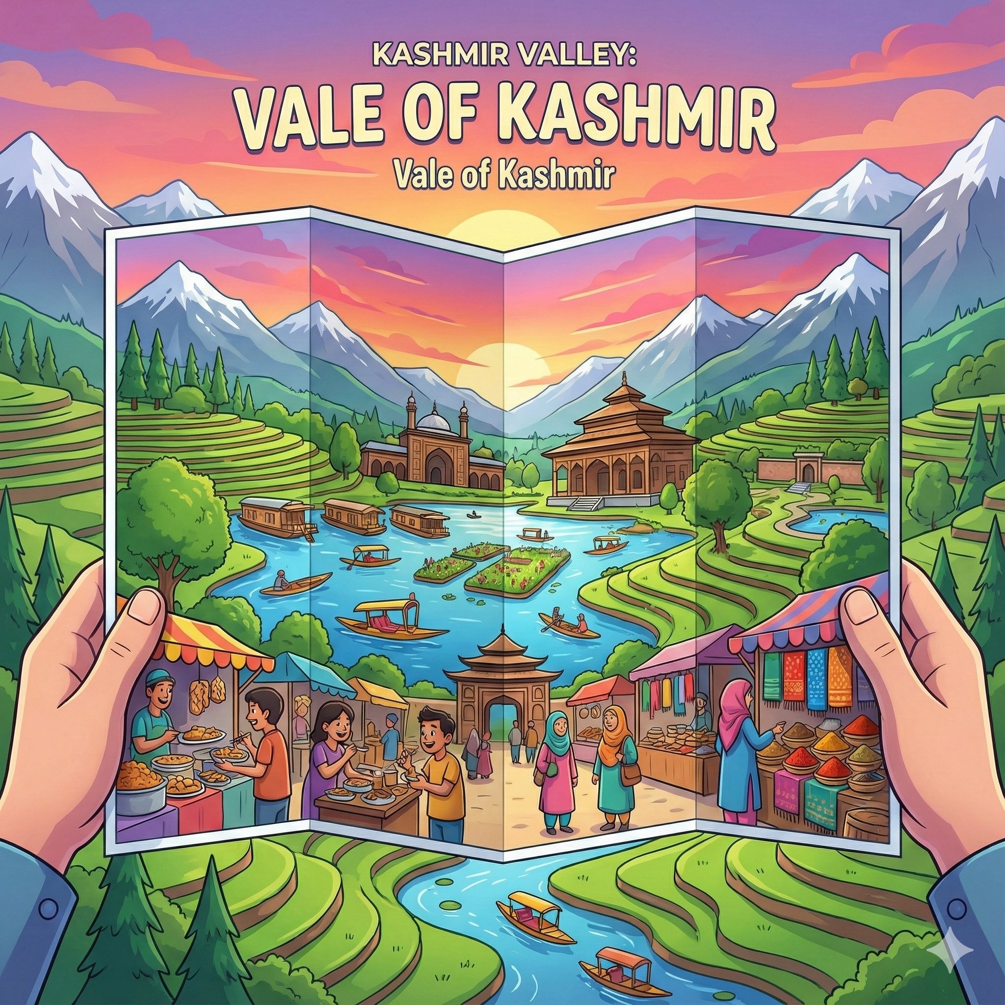 Pixar-Style Kashmir Valley Travel Brochure Illustration