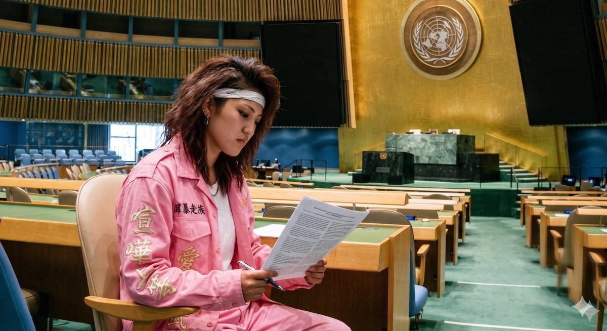 Prompt for AI Image Generation: Female Bosozoku vs United Nations