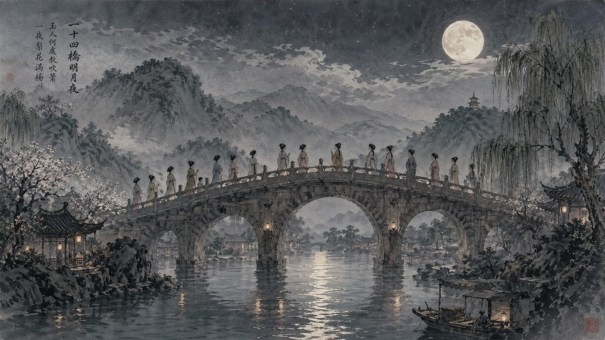 Prompt for Moonlit Chinese Landscape Illustration with Robed Figures