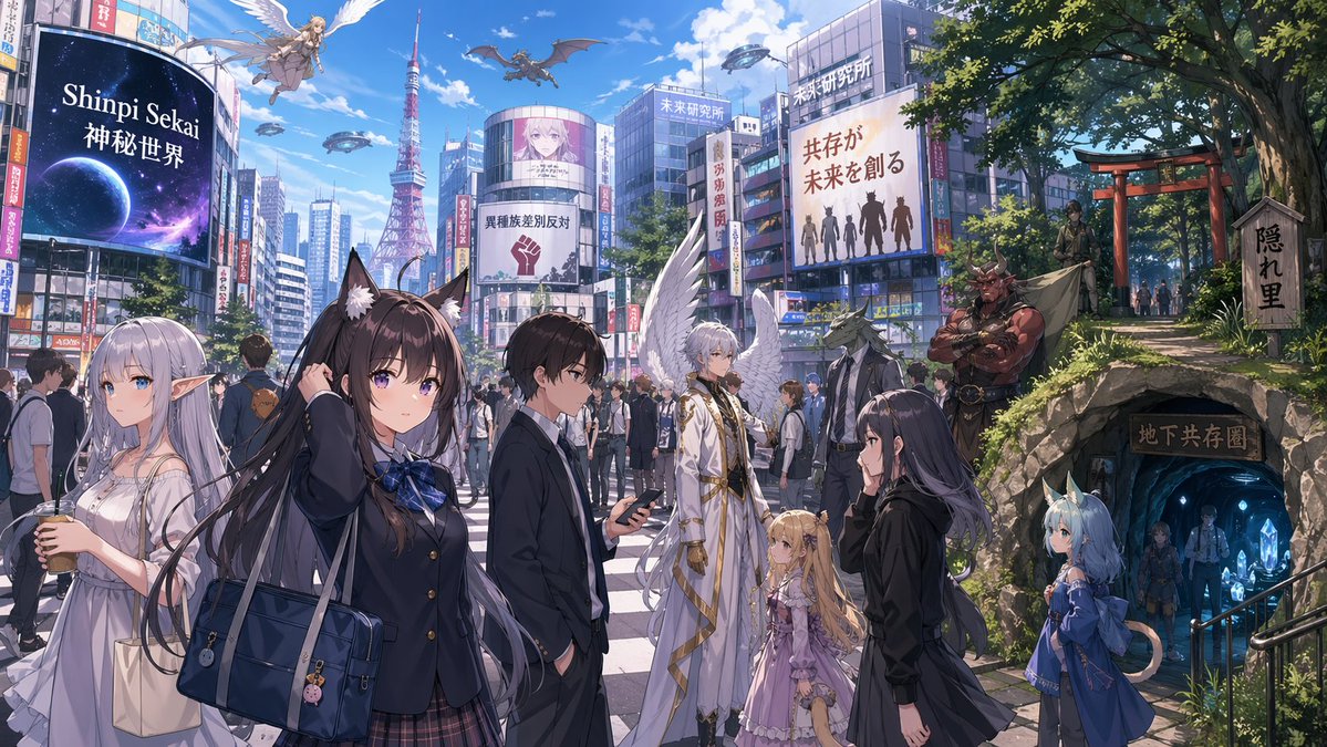 Prompt for Urban Fantasy Anime Scene with Multiple Magical Creatures