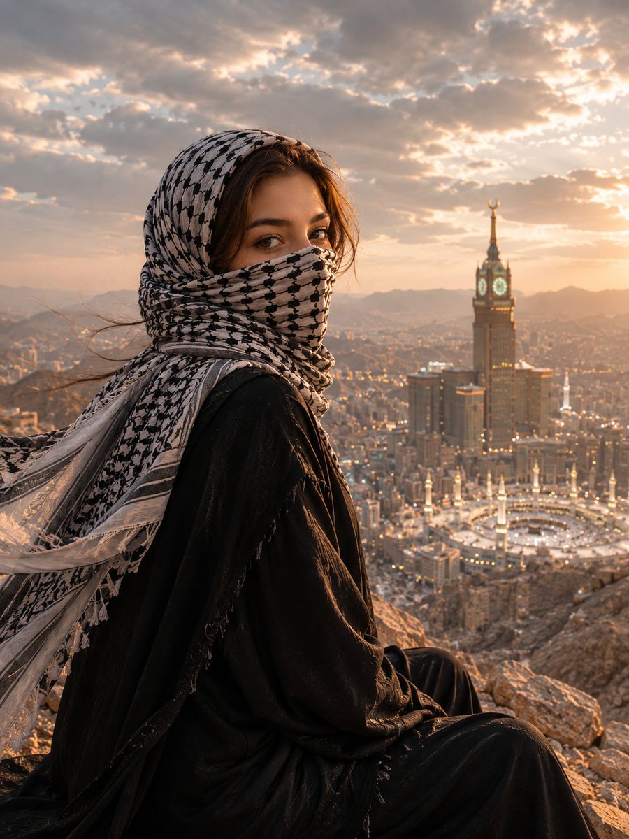 AI Prompt for Cinematic Portraiture of Muslim Woman at Mecca's Clock Tower