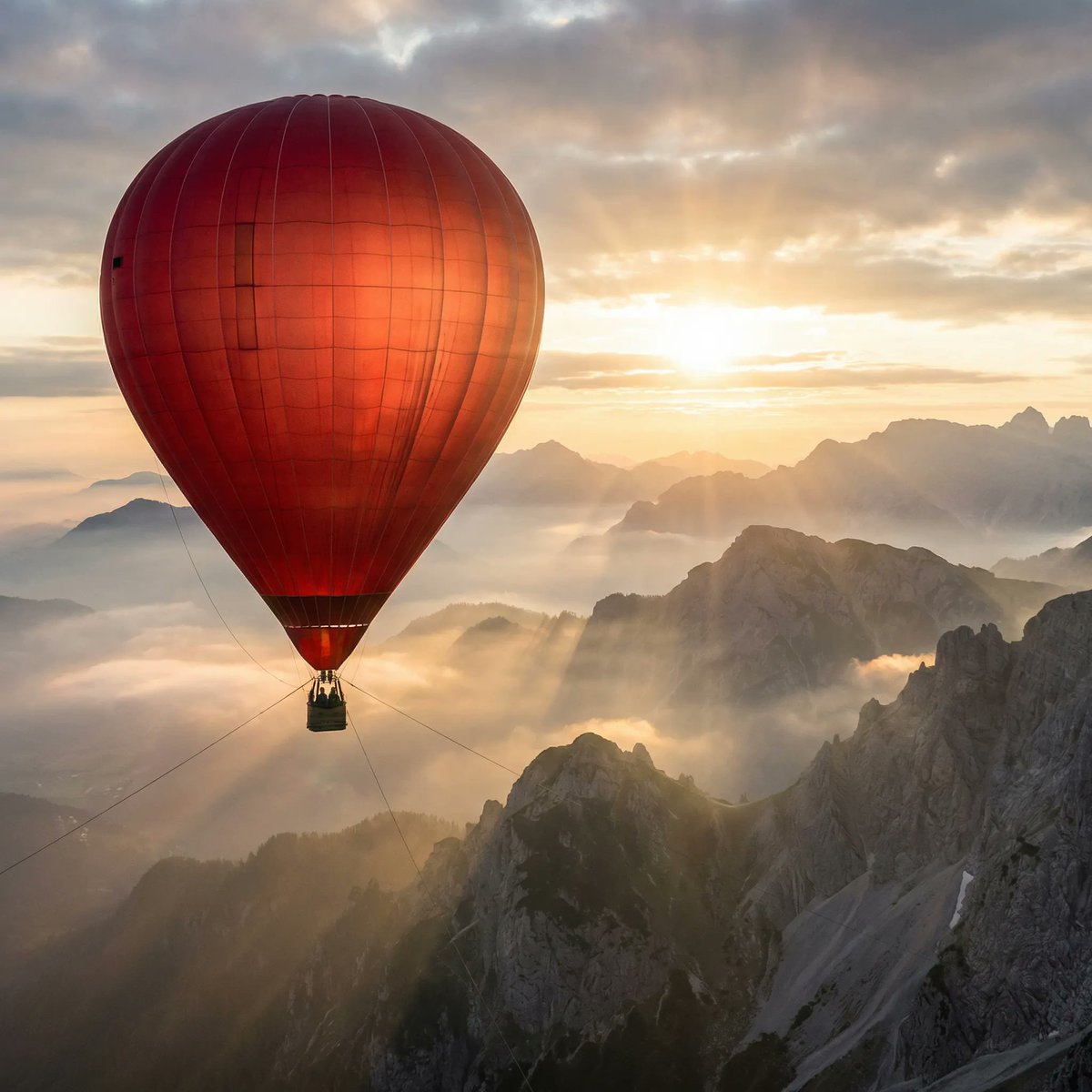 AI Prompt for Realistic Giant Red Balloon Landscape with Golden Sun