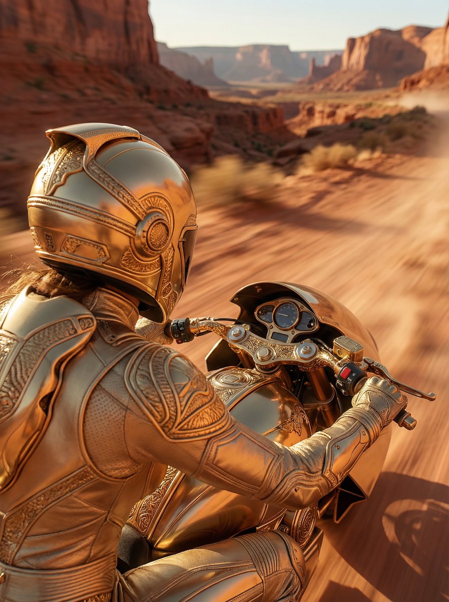 AI Prompt for a Cinematic Motorbike POV Shot with Red Rock Landscape