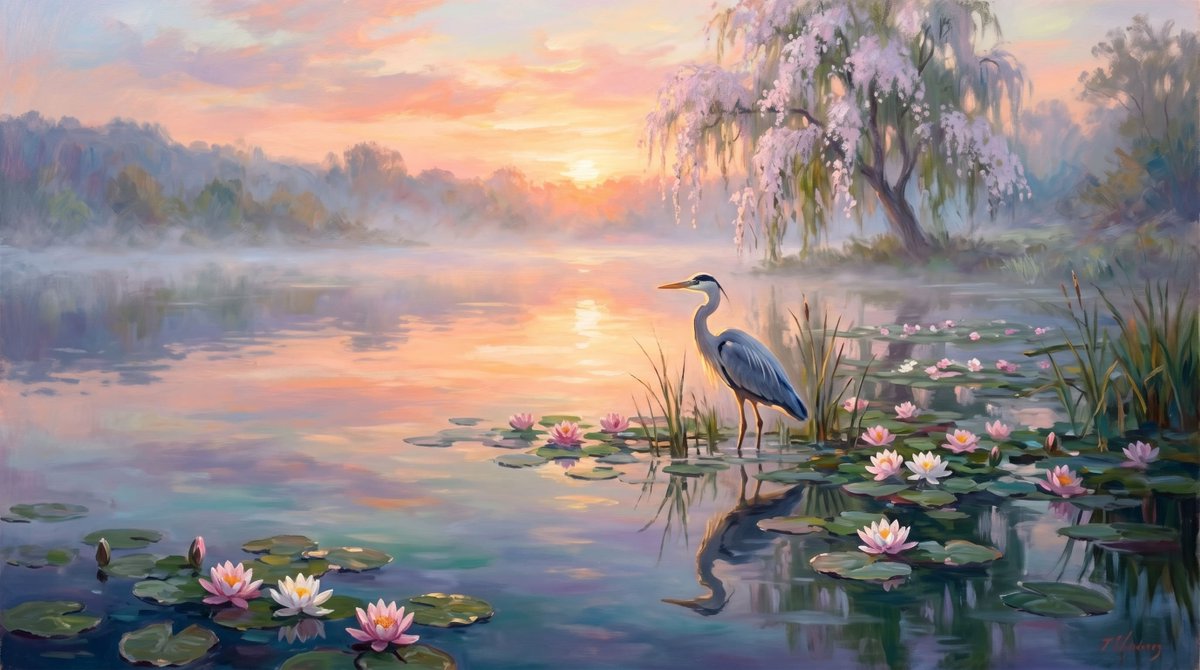 AI Prompt for a Peaceful Landscape with Heron, Water Lilies, and Sunset Reflections