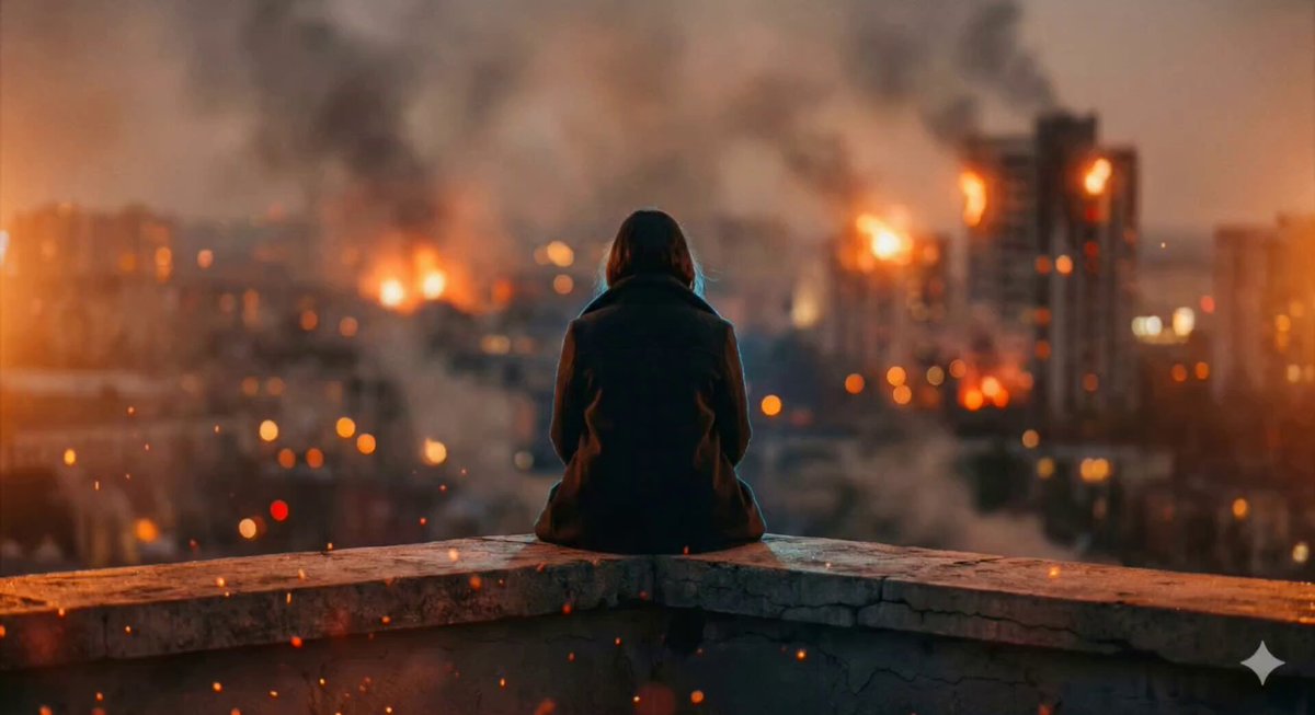 AI Prompt for Cinematic Apocalyptic Rooftop Scene: Create a Hauntingly Beautiful Film Still with a Panavision Lens