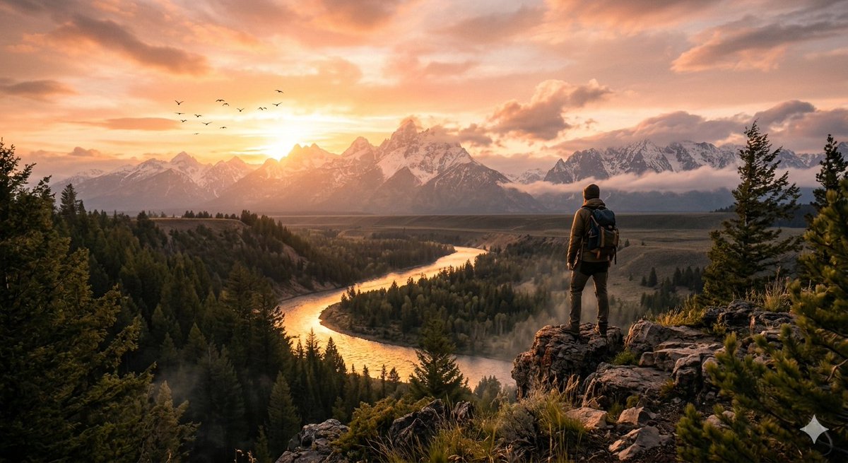 AI Prompt for Cinematic Landscape: Generative Mountain Sunset with Traveler