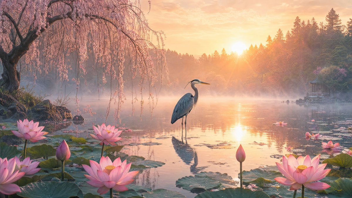 AI Prompt for Cinematic Landscape with Heron, Lotus Flowers, and Sunrise