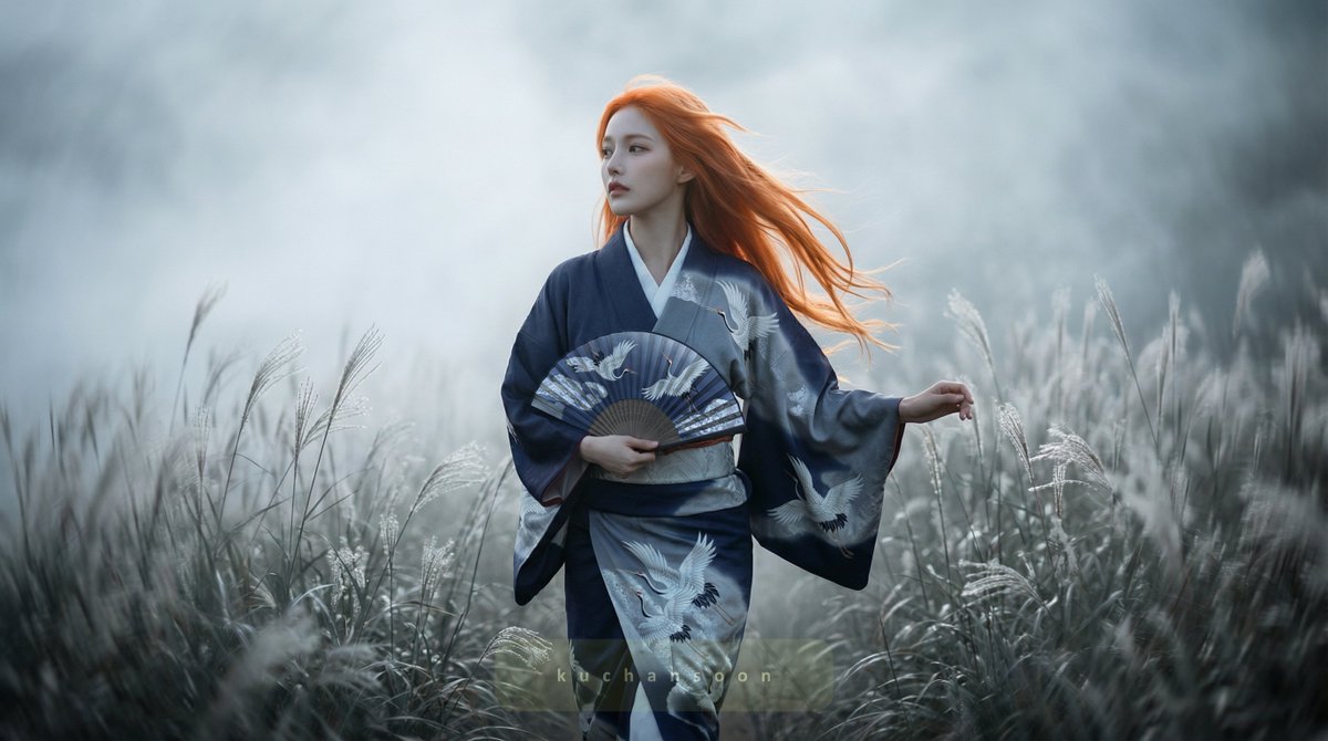 AI Prompt for Cinematic Landscape with Orange Hair and Silver Grass