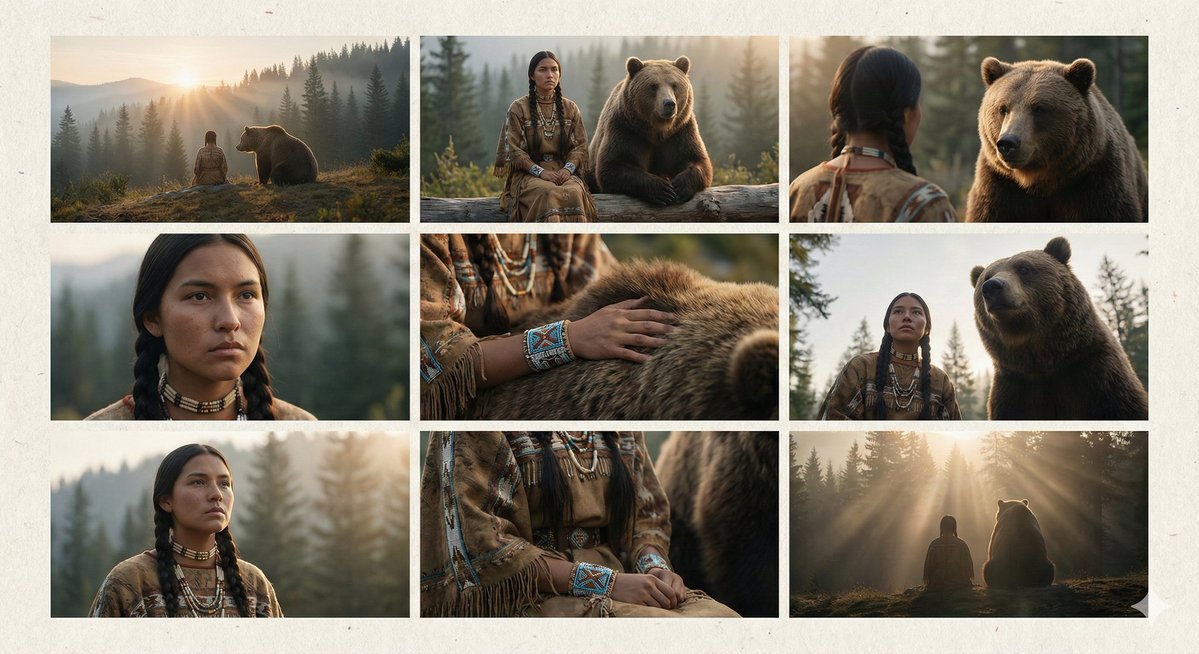 AI Prompt for Cinematic Storyboard Imagery of Woman and Bear in Mystical Forest Setting