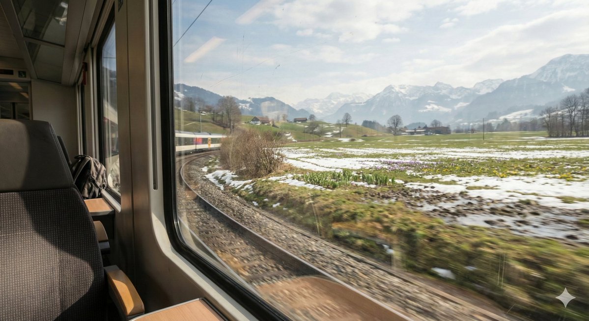 AI Prompt for Cinematic Train Window View in European Spring Landscape