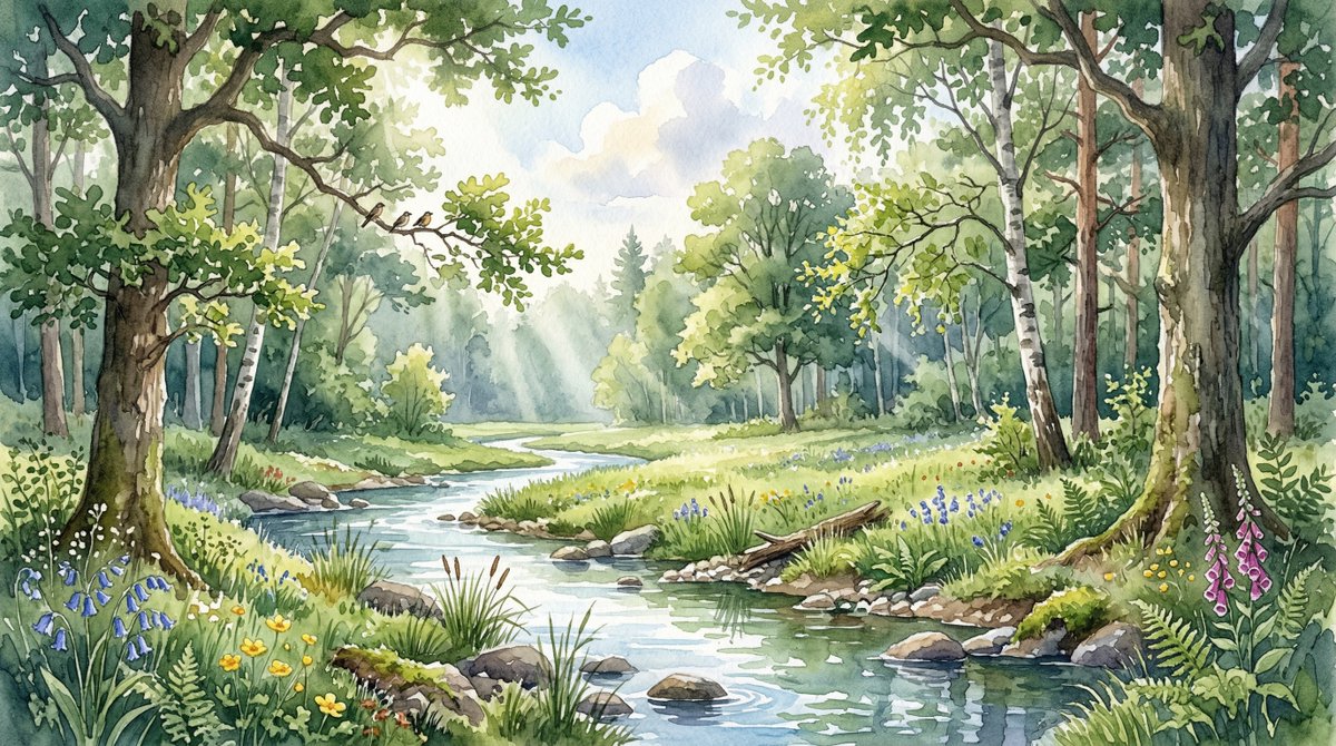 AI Prompt for Delicate Watercolor Landscape Art with Stream and Trees