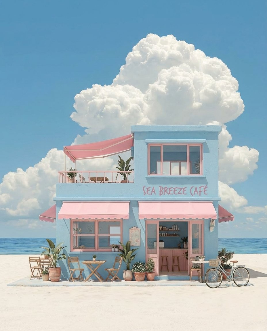 AI Prompt for Dreamy Coastal Scene with Pastel Buildings and Cumulus Clouds