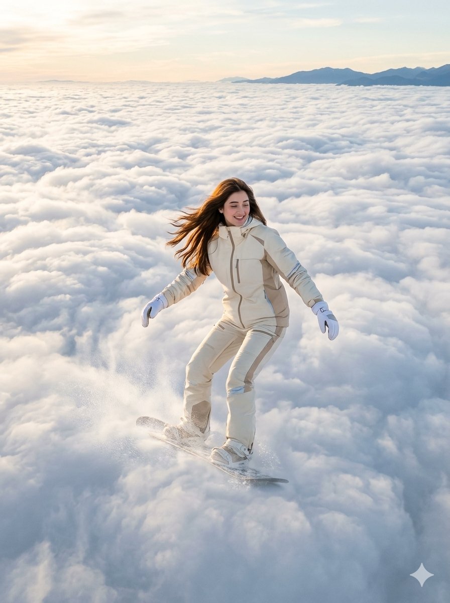 AI Prompt for Dreamy Snowboarding Girl in Ethereal Cloud Landscape
