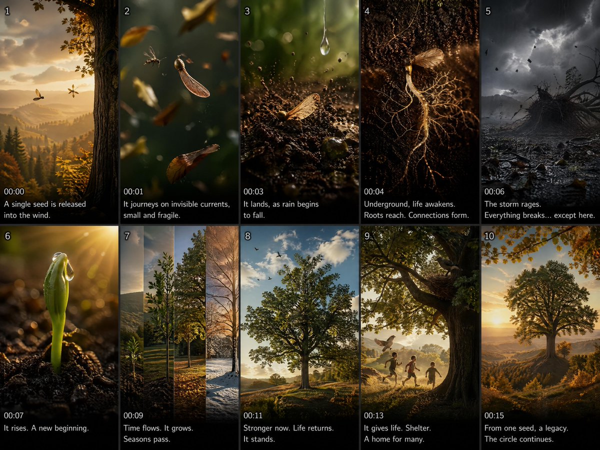 AI Prompt for Epic Nature Storyboard: Photorealistic 3D Seed to Tree Journey