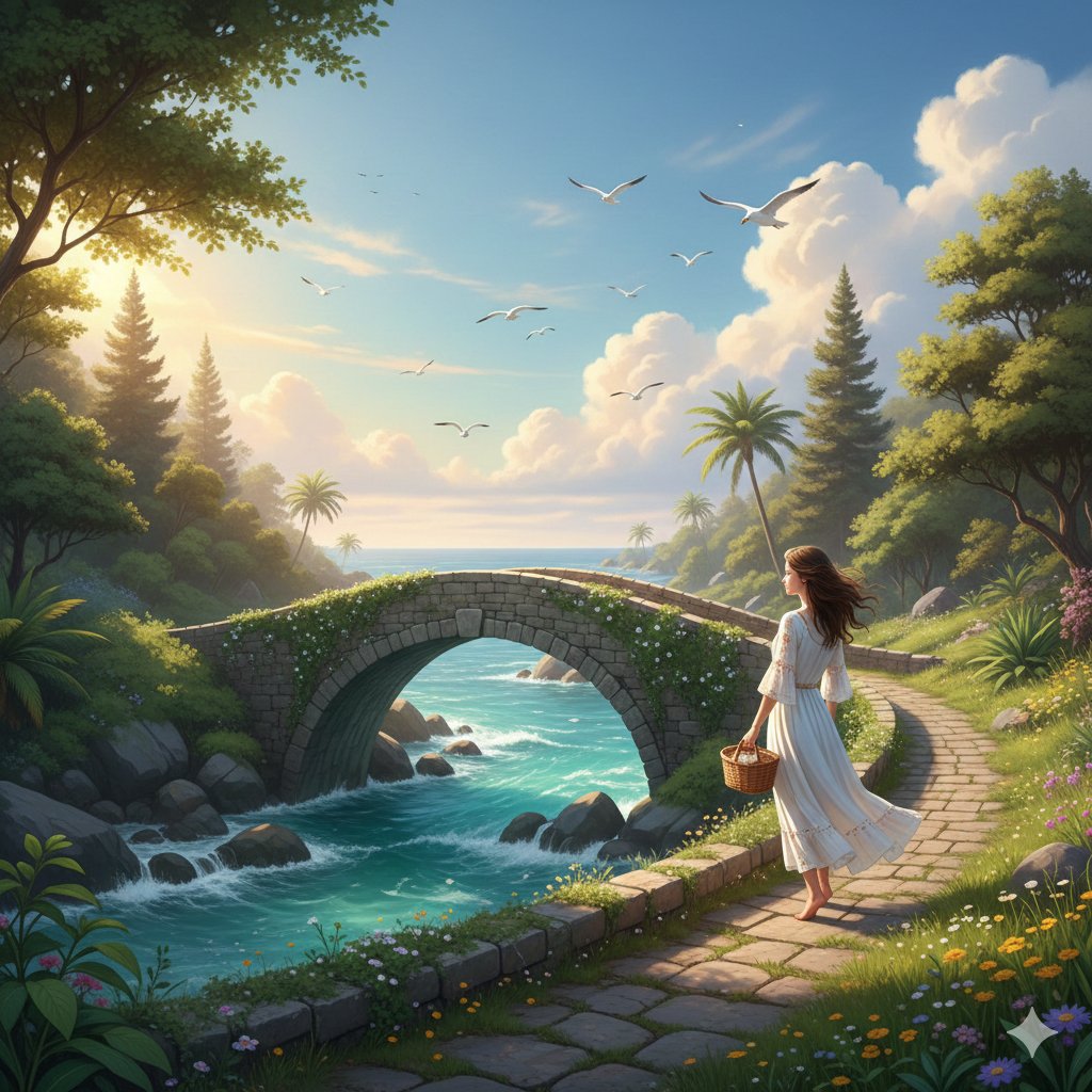 AI Prompt for Fantasy Landscape: Photorealistic Cinematic Scene with Girl on Stone Bridge