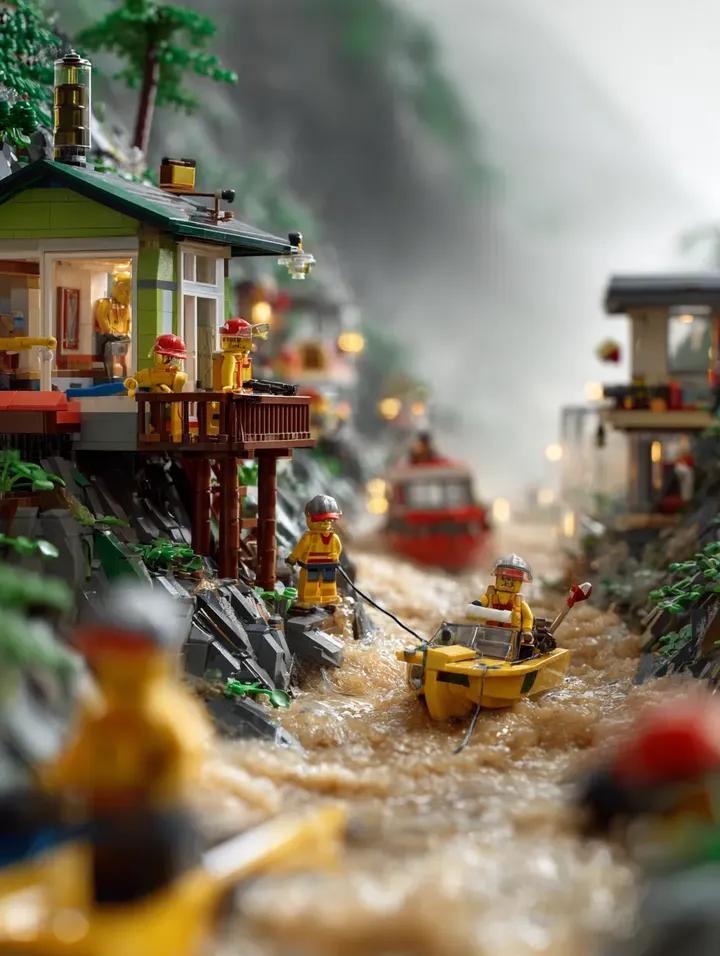 AI Prompt for LEGO Style 3D Mountain Village Rendering of a Dramatic Rescue Scene