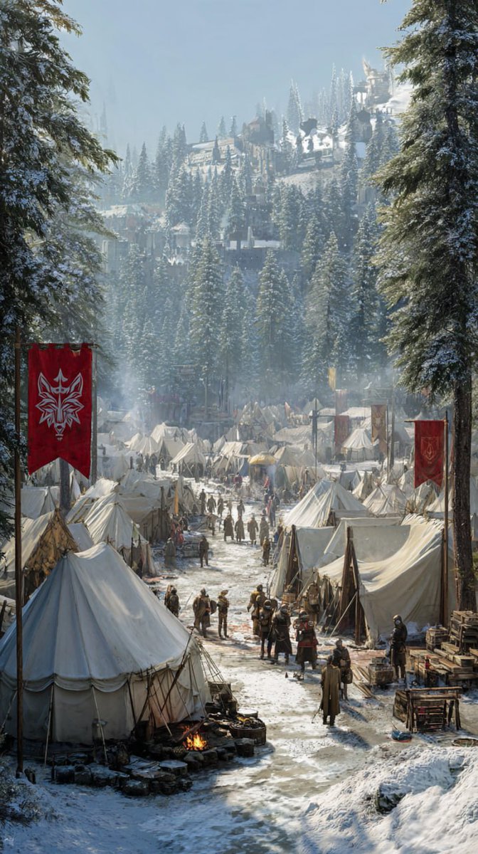 AI Prompt for Medieval Fantasy Army Camp Scene with High Organization and Snowy Landscape