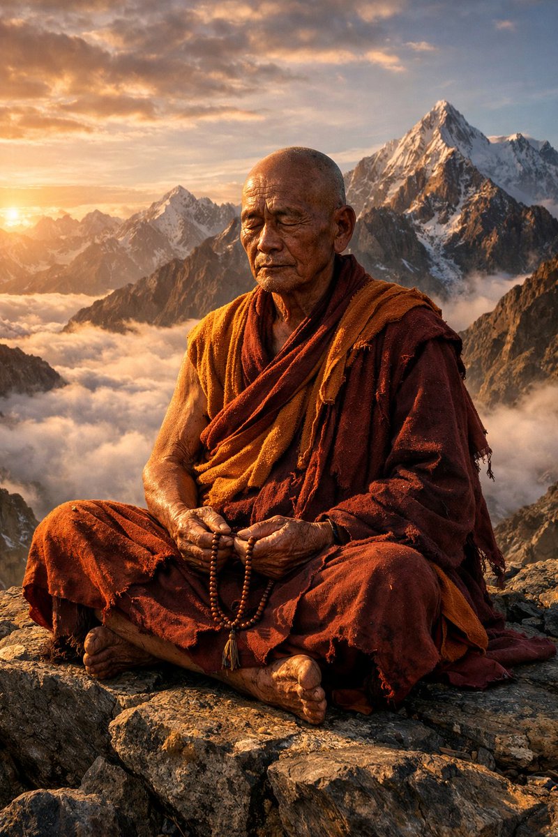 AI Prompt for Realistic Buddhist Meditation Scene in Dramatic Landscape