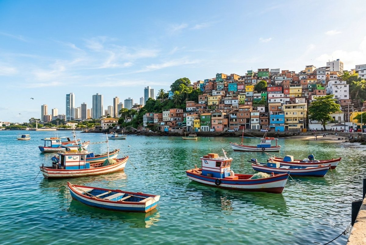 AI Prompt for Realistic Salvador Port Scene with Colorful Boats and Skyscrapers