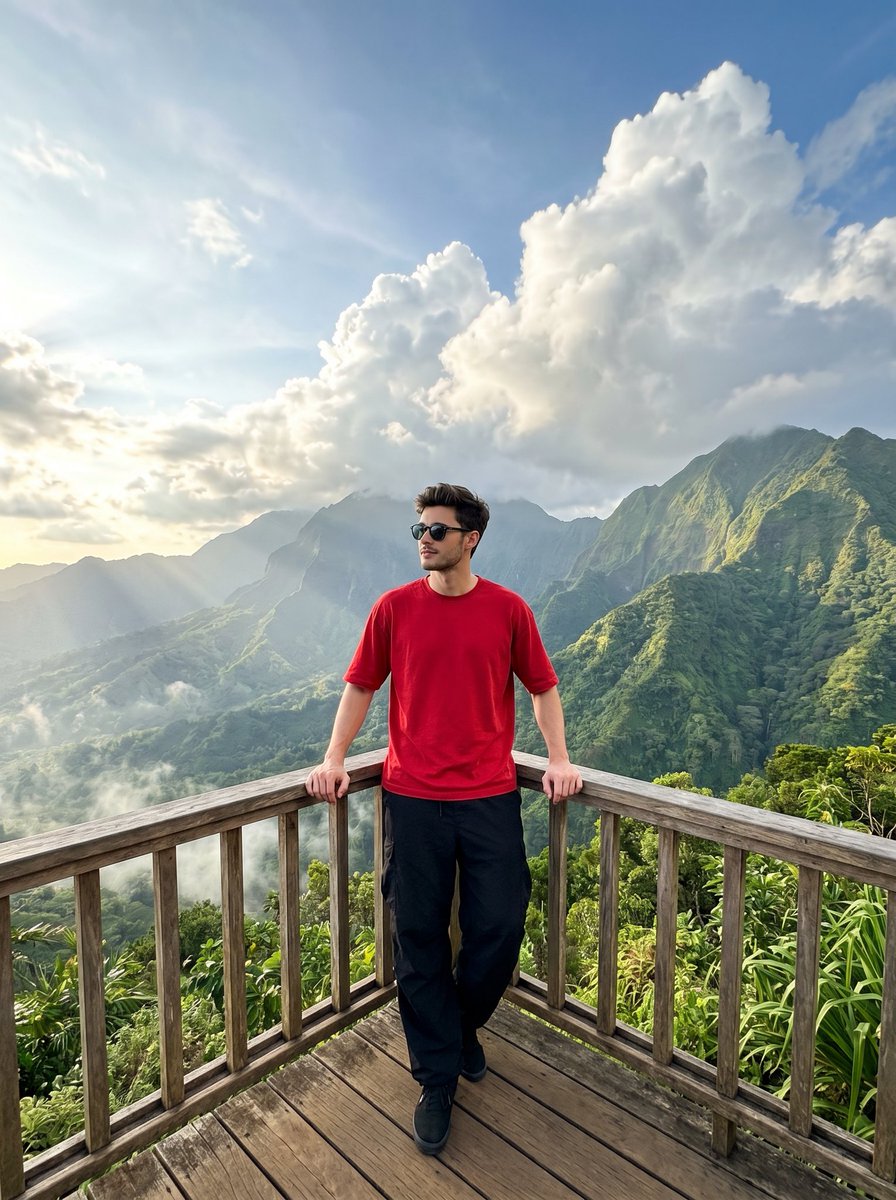 AI Prompt for Realistic Travel Photo of Man at Mountain Viewpoint