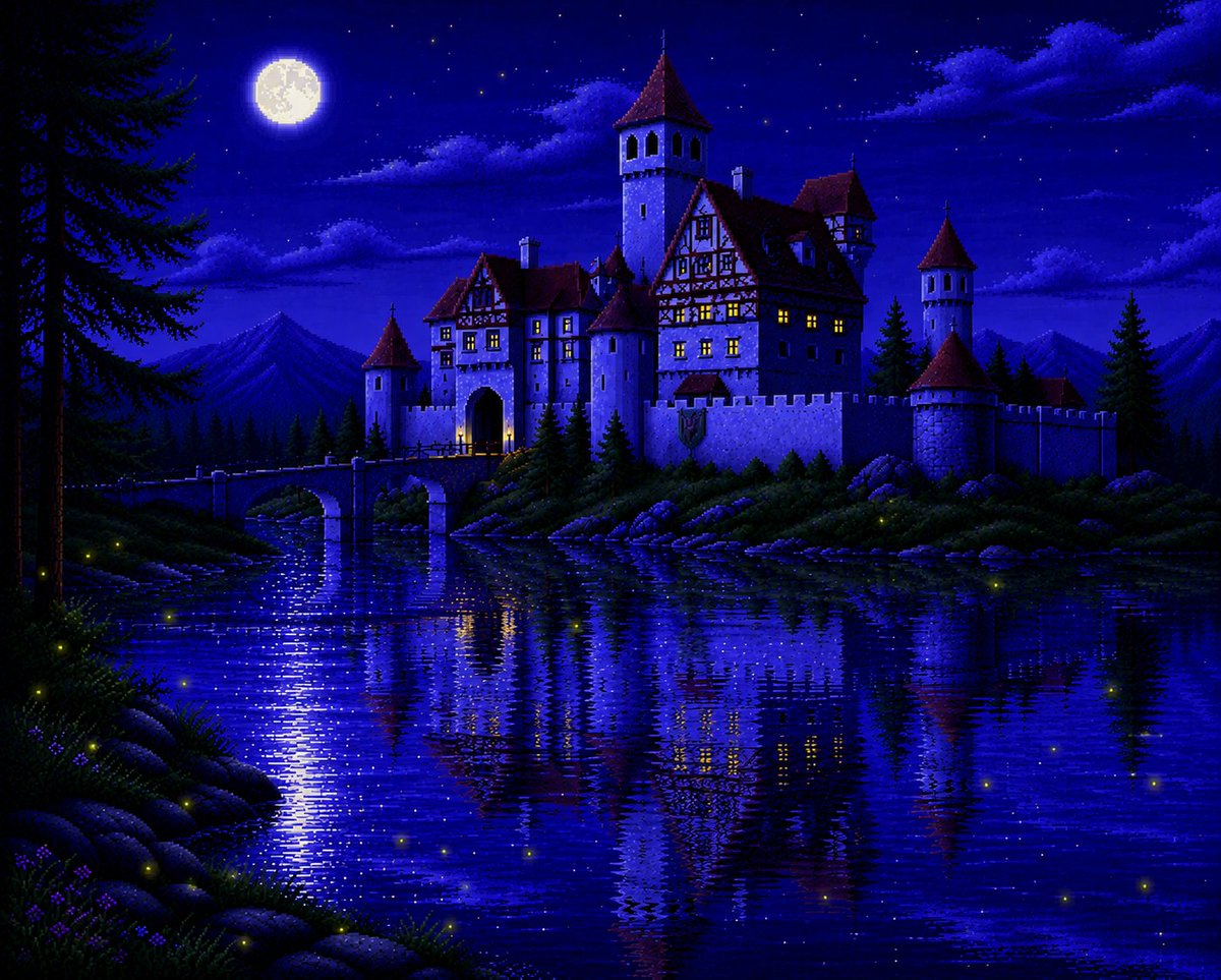 AI Prompt for Retro-Futuristic Castle Scene with Moonlit Reflection