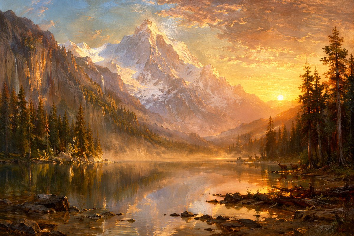 AI Prompt for Romantic Landscape Oil Painting - Alpine Lake with Pine Forest and Deer