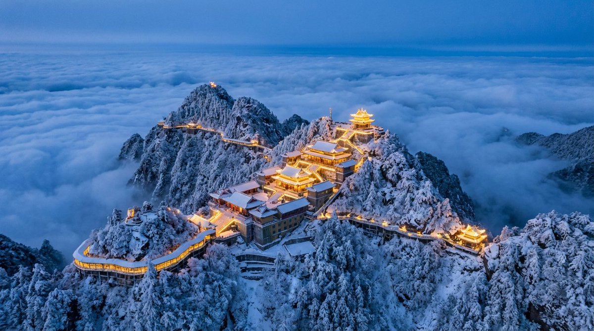 AI Prompt for Spectacular Cinematic Aerial Photography of Laojun Mountain Temple in Winter