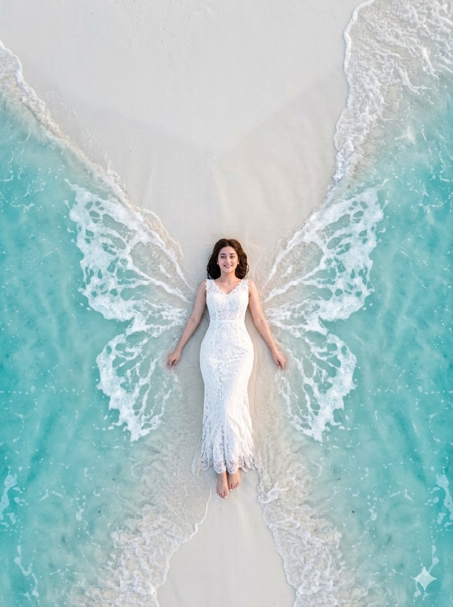 AI Prompt for Surreal Ocean Landscape with Woman and Retro-Style Butterfly Wings