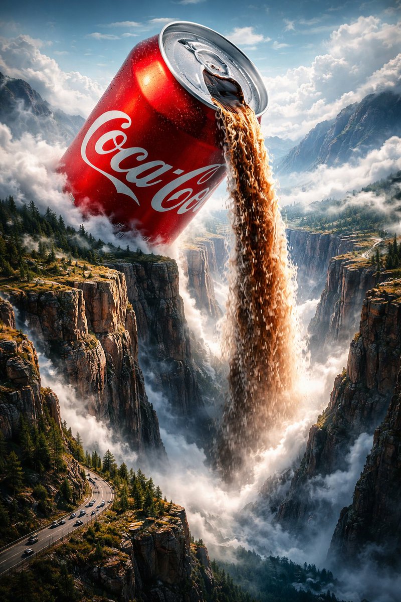 AI Prompt for Surreal Premium Ad Landscape with Coca-Cola Waterfall
