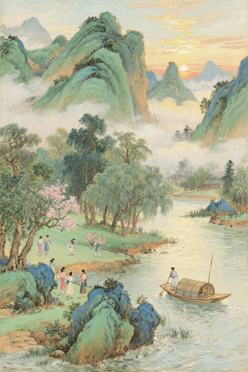 AI Prompt for Traditional Chinese Landscape Art with Figures and Boats