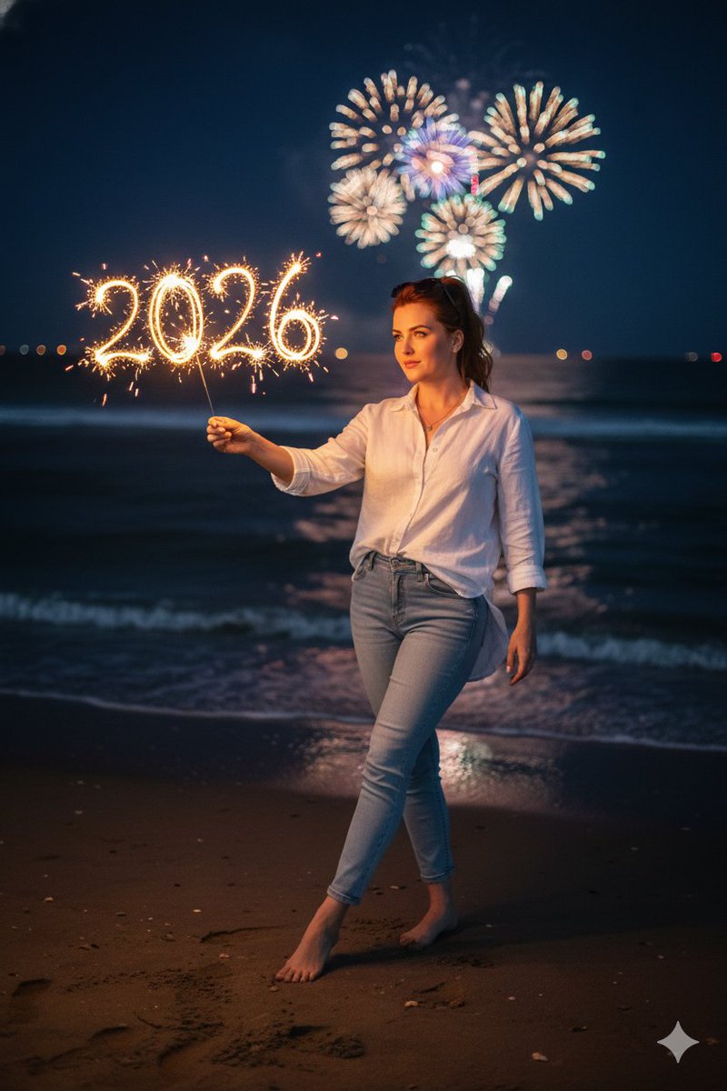 AI Prompt for Ultra-Realistic New Year's Beach Scene with Sparklers and Fireworks