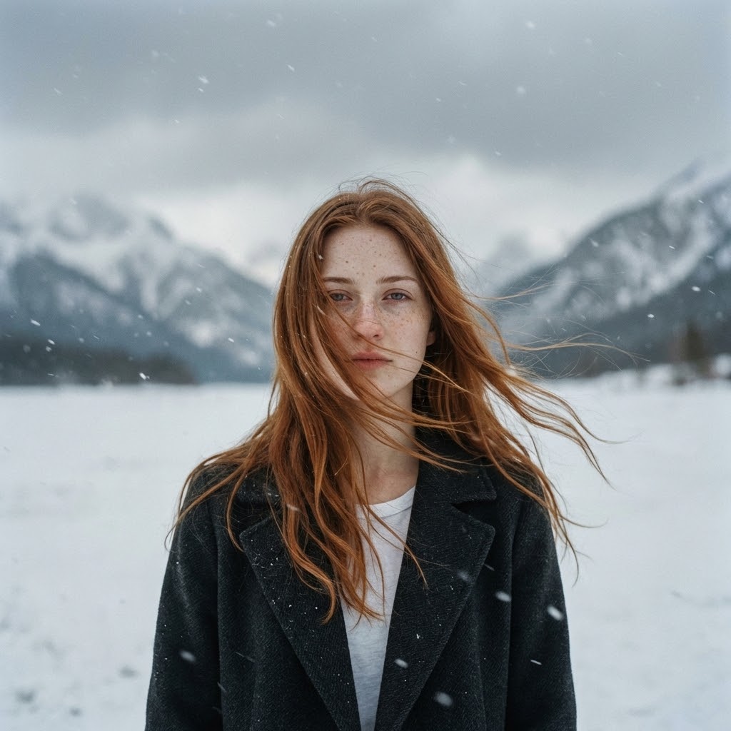 Cinematic Snowy Portrait of A woman