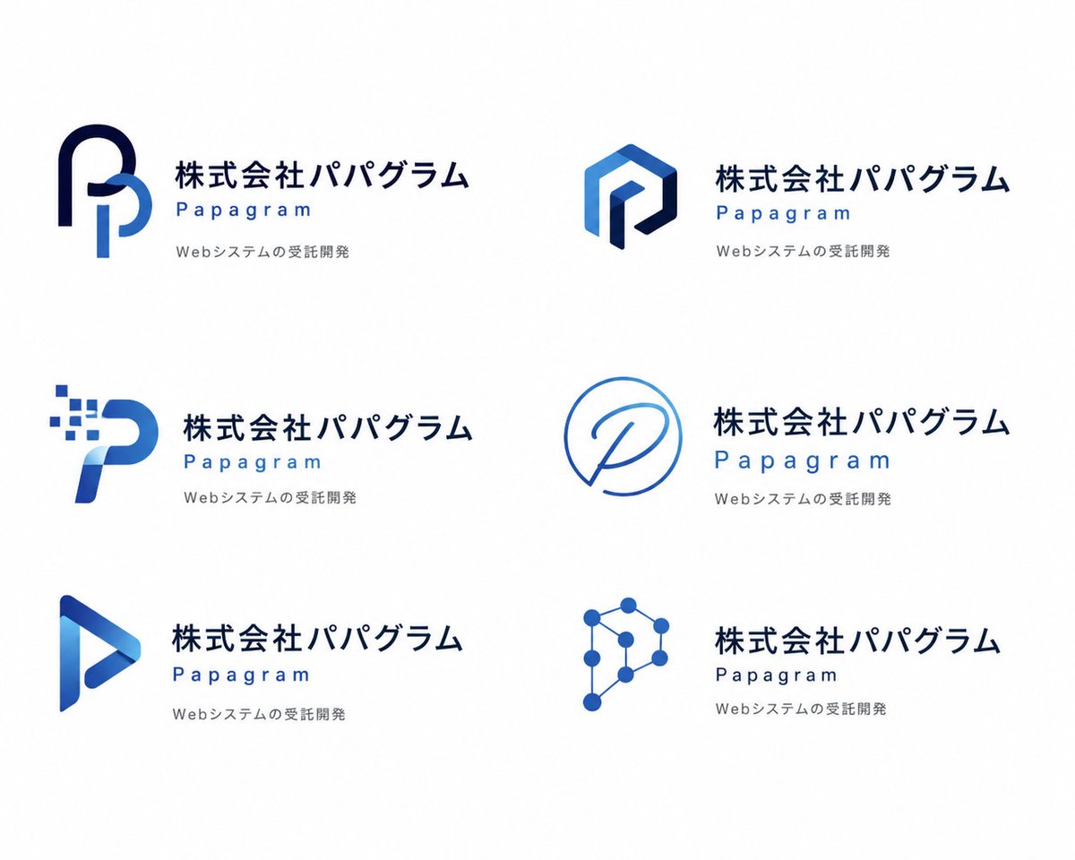 AI Prompt for Modern Corporate Logo Concepts: Clean Grid of 6 Blue Logos for Japanese Tech Company