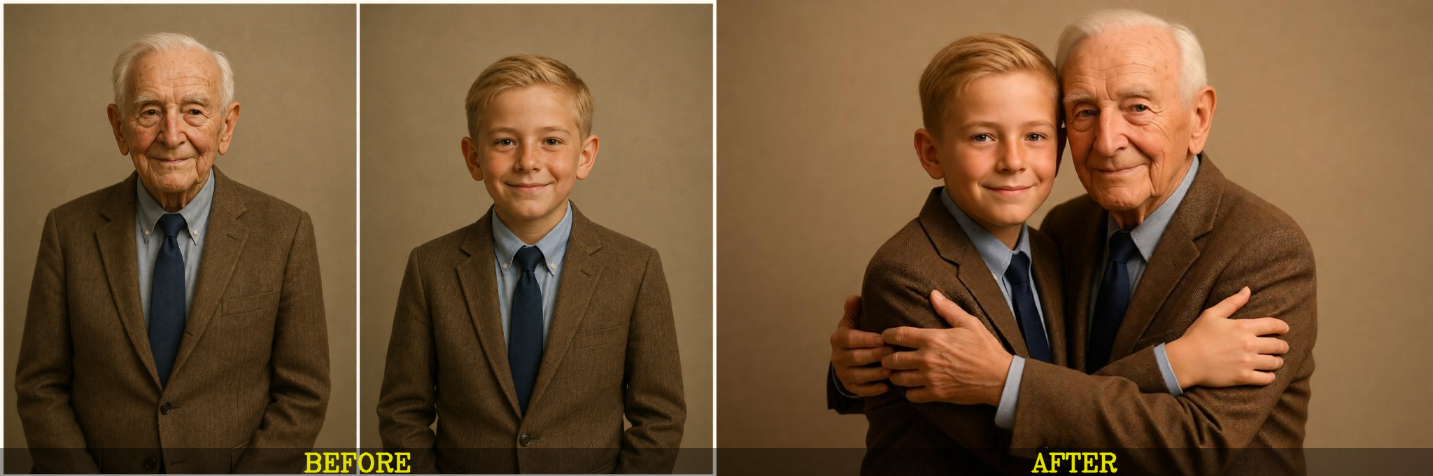 AI Father's Embrace: Young & Older Self Portrait