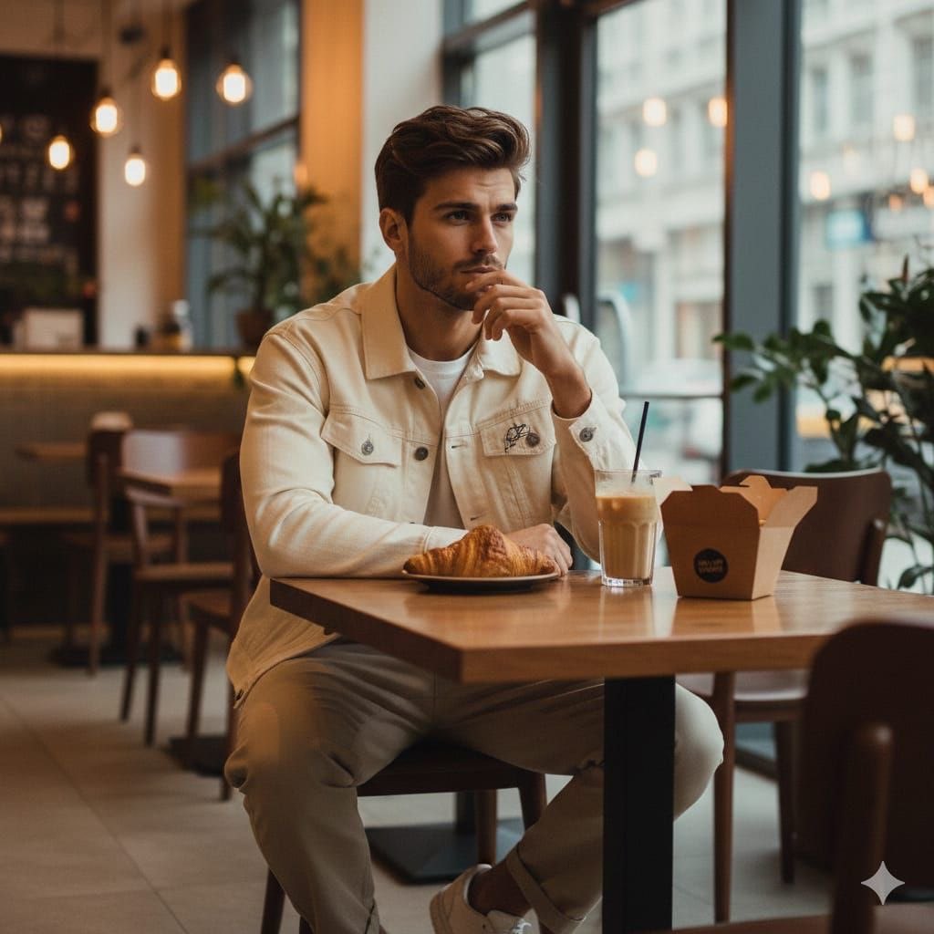 AI Prompt for Cinematic Modern Man Portrait in Coffee Shop