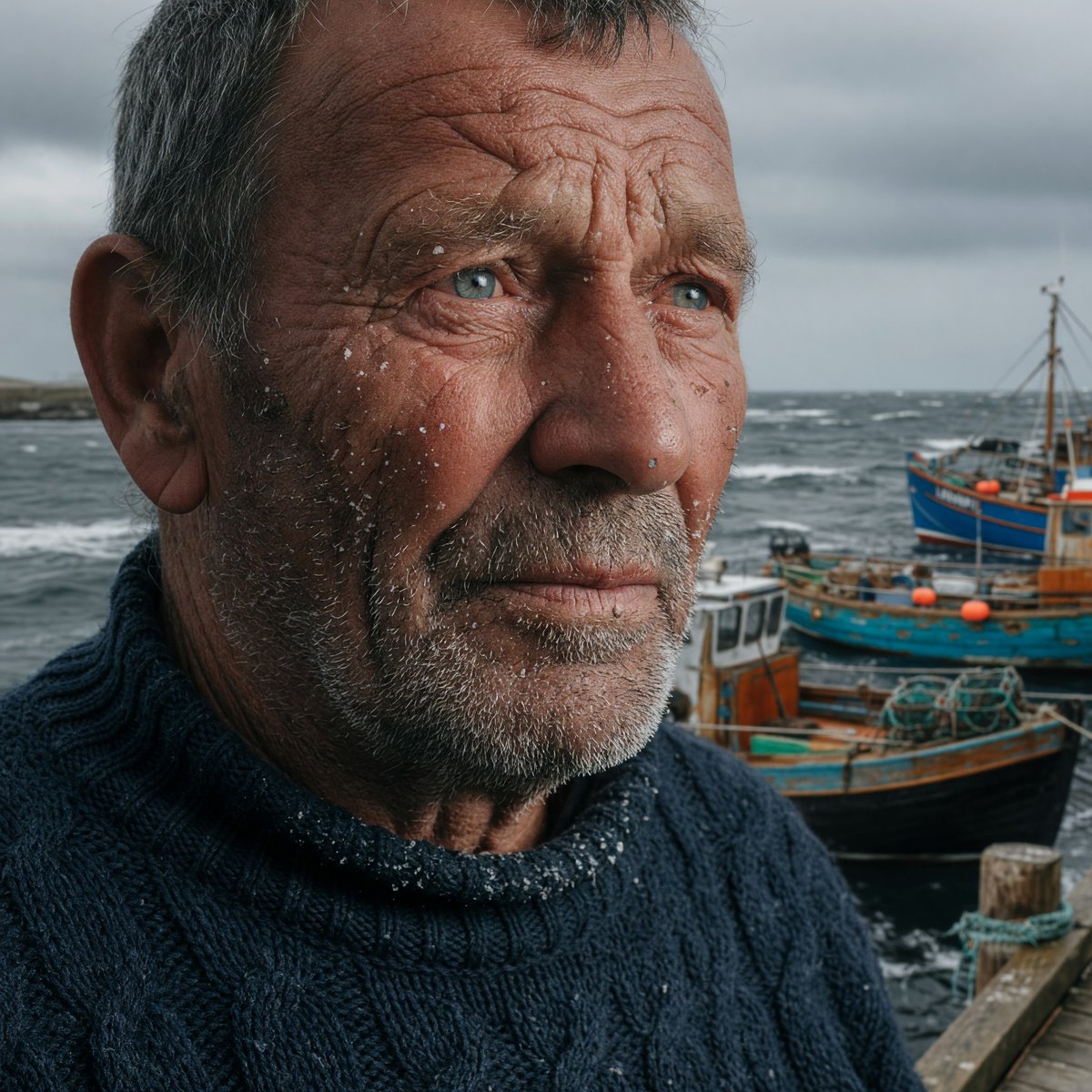 AI Prompt for Cinematic Photorealistic Icelandic Fisherman Portrait in Stormy Harbor