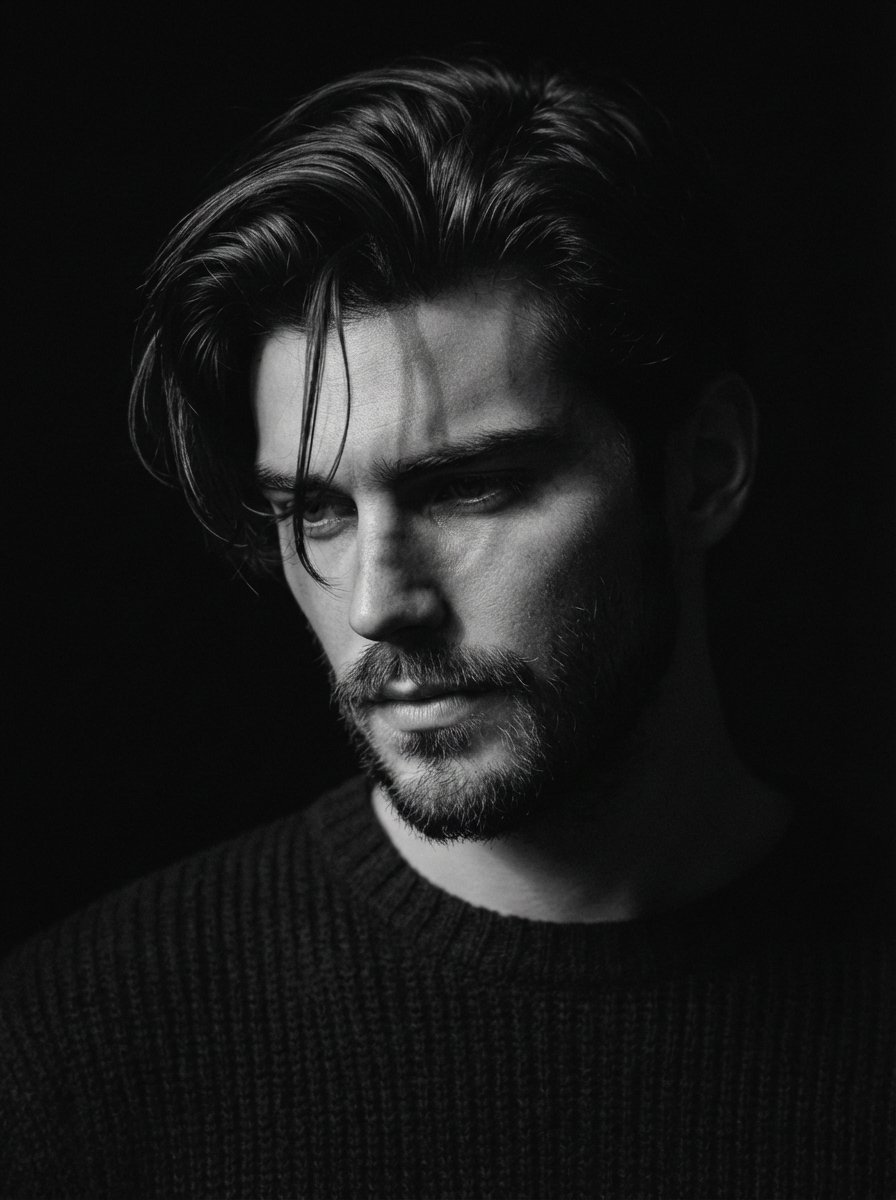 AI Prompt for Dramatic Black and White Portrait with Single Light Beam