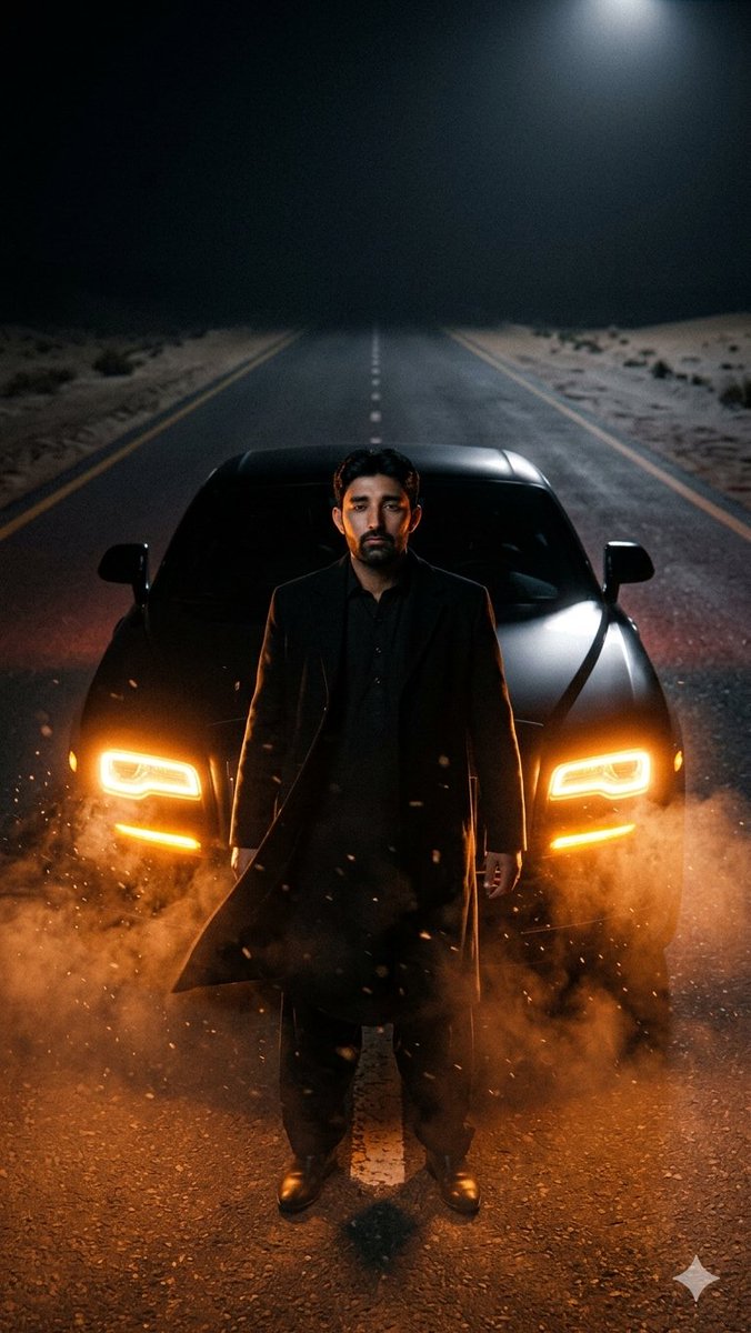 AI Prompt for Dramatic Desert Highway Portrait of Man in Front of Luxury Car