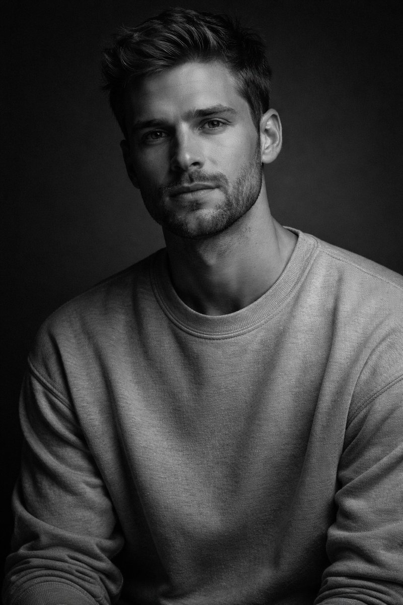 AI Prompt for High-Contrast Black and White Male Portrait with Cinematic Lighting