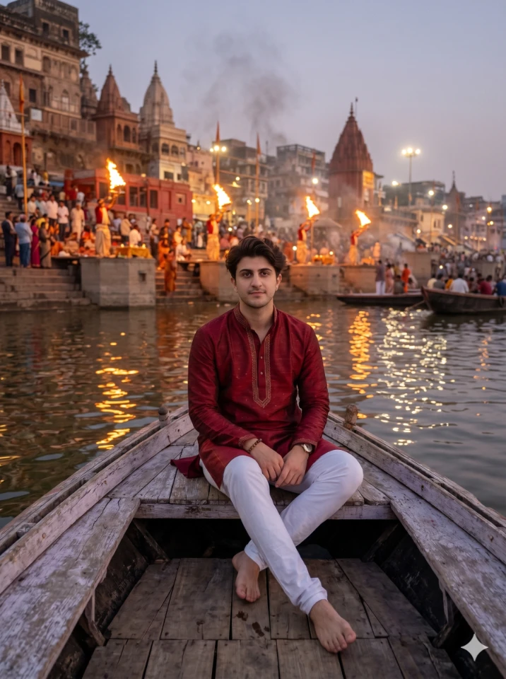 Banaras Ganga Aarti Portrait | Indian Man on Boat