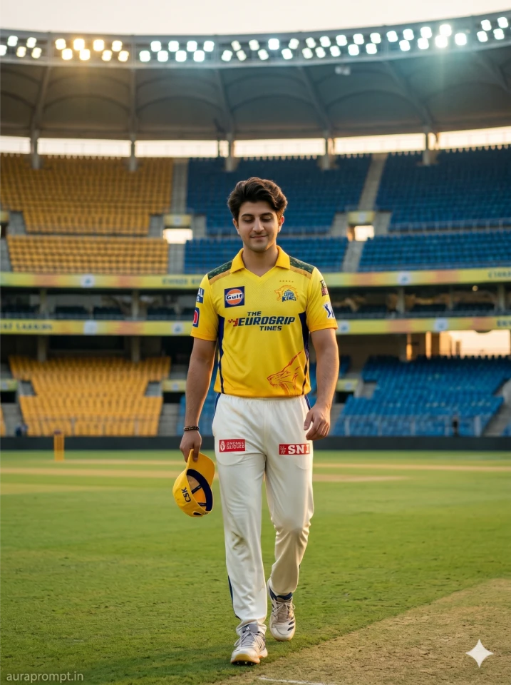 Cinematic CSK IPL Stadium AI Portrait at Golden Hour