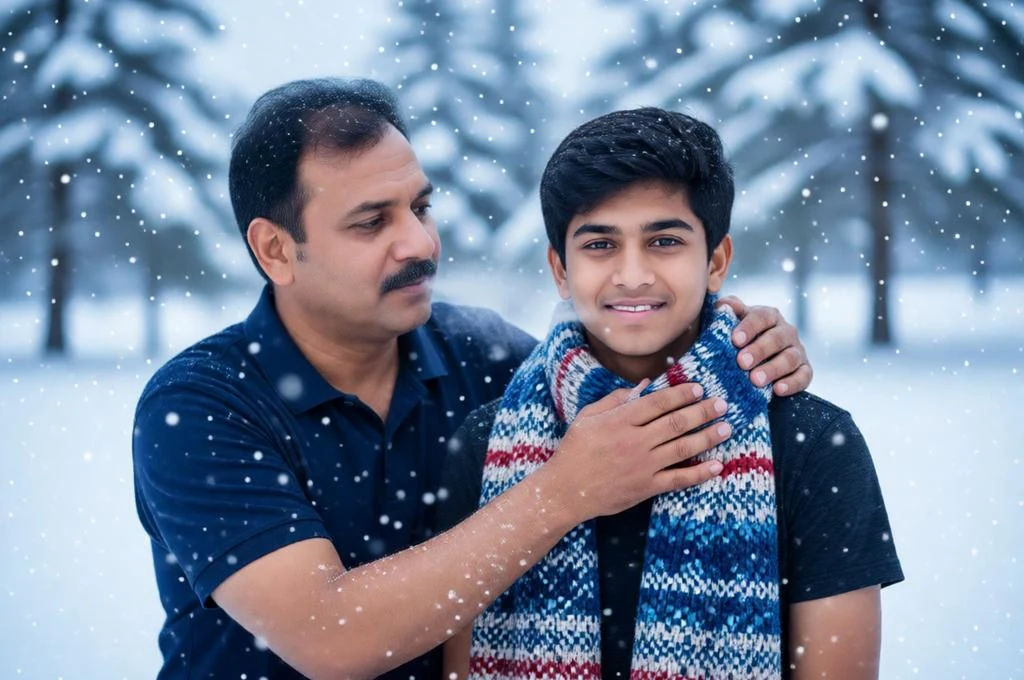 Cinematic Father and Son Scarf Winter Scene