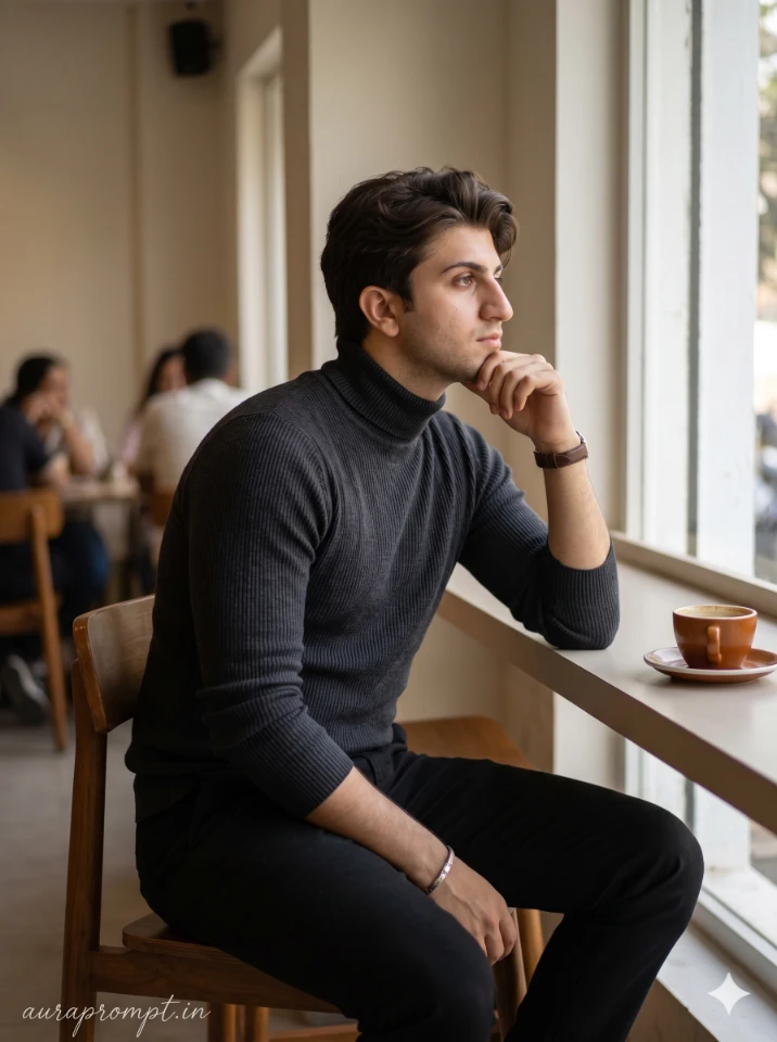 Cinematic Indian Man Cafe Portrait AI Photo Prompt