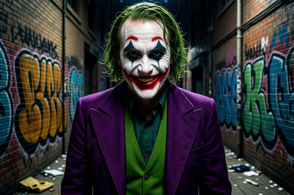 Cinematic Joker Portrait AI Prompt – Photorealistic 8K Urban Alley
