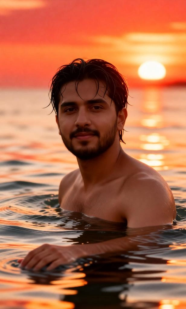 Cinematic Male Beach Sunset AI Photo Prompt