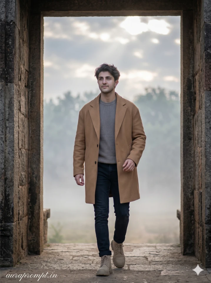 Cinematic Male Portrait Beneath Stone Gateway