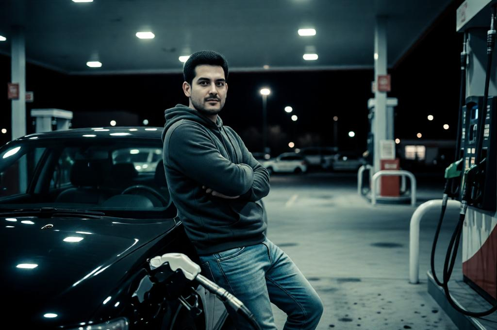 Cinematic Night Petrol Station Portrait