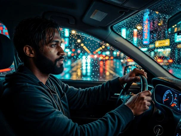 Cinematic Rainy Night Car Portrait AI Edit